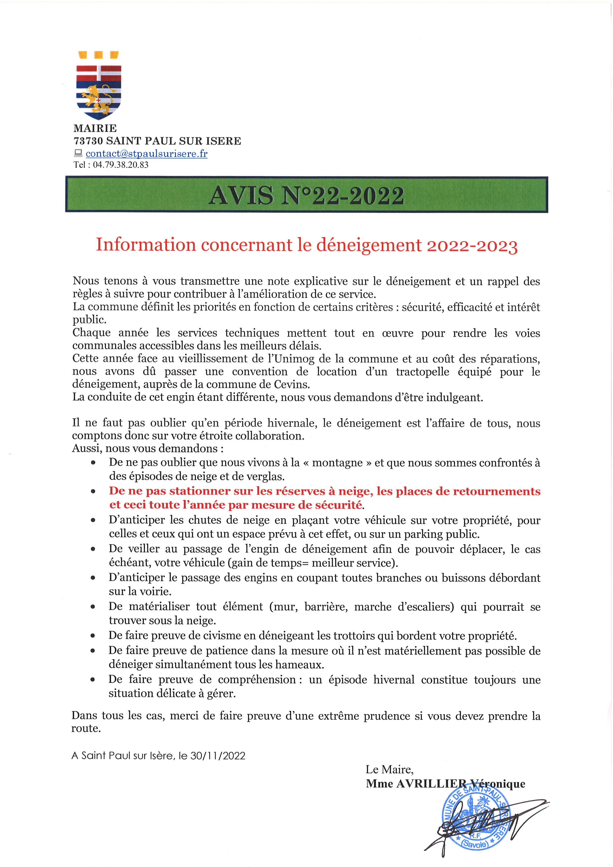 AVIS DENEIGEMENT
