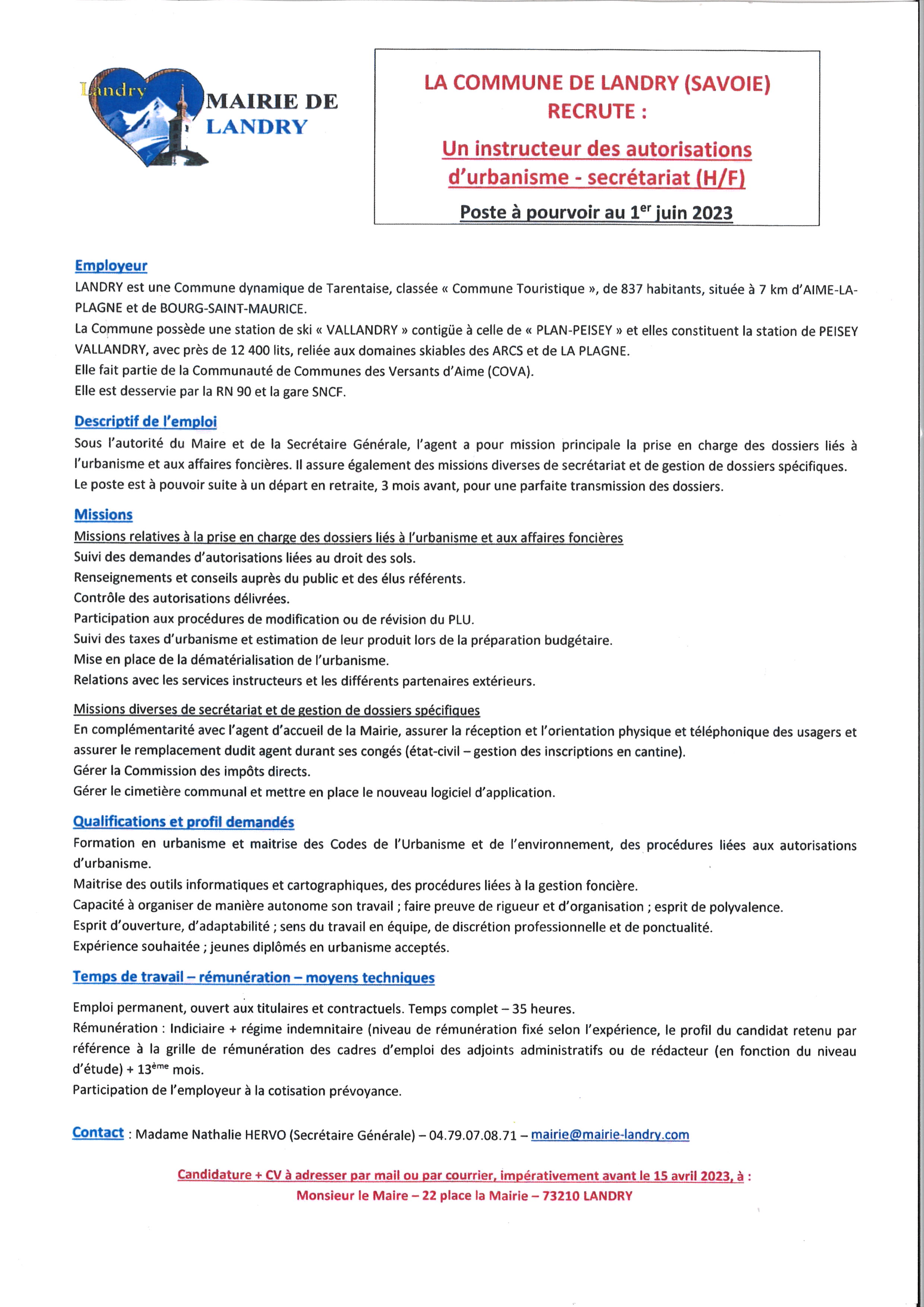 MAIRIE LANDRY RECHERCHE INSTRUCTEUR URBANISME
