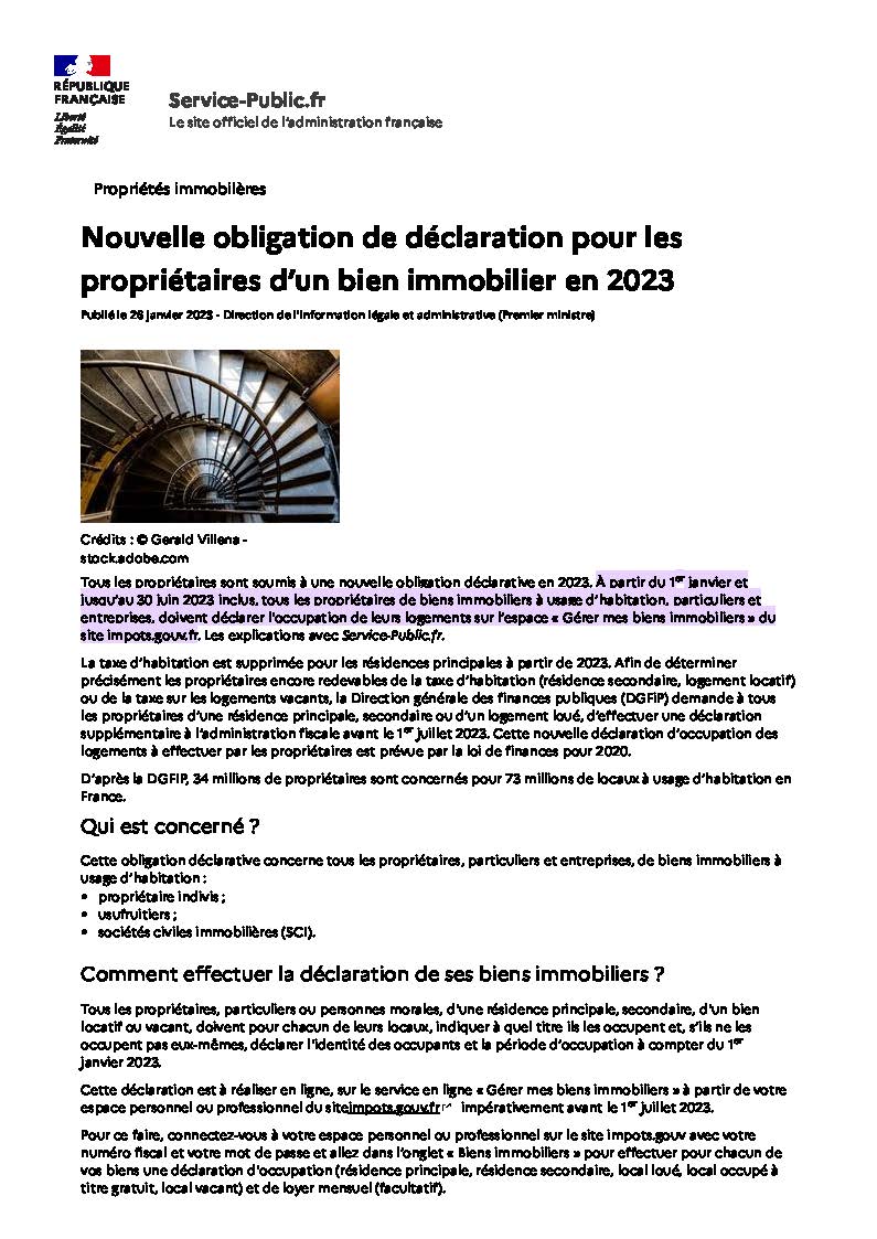 Propriétés immobilères Nouvelle obligation de déclaration pour les propriétaires dun bien immobilier en 2023 Service public.fr Page 1